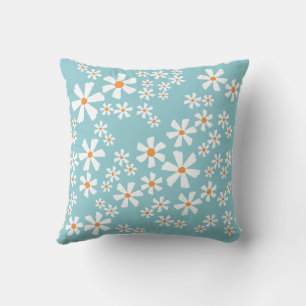 Aqua Blue Floral Daisy Pattern Throw Pillow