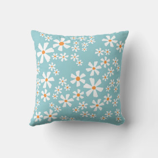 Aqua Blue Floral Daisy Pattern Throw Pillow