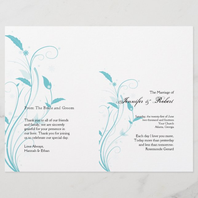 Aqua Blue Floral Filigree Wedding Program (Front)