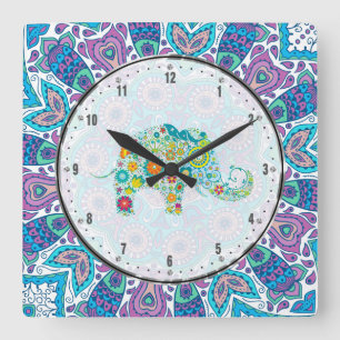 Aqua Blue Floral Lace & Colourful Elephant Square Wall Clock