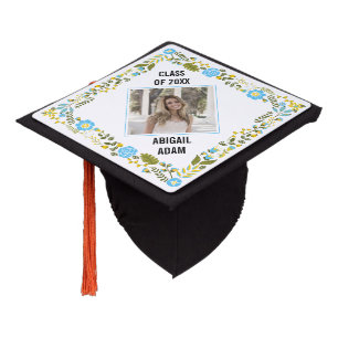 Aqua blue floral photo Class of 2020 graduation Cap Topper