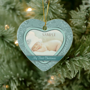 Aqua Blue Floral Swirl Baby First Christmas Ceramic Ornament