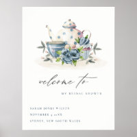 Aqua Blue Floral Teapot Cups Bridal Shower Welcome