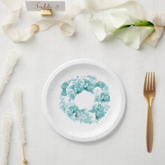 Aqua Blue Floral Wreath Wedding Paper Plates