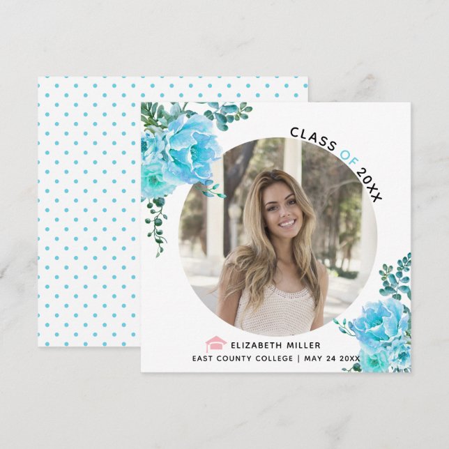 Aqua blue flowers Class of 2025bgraduation photo Announcement (Front/Back)