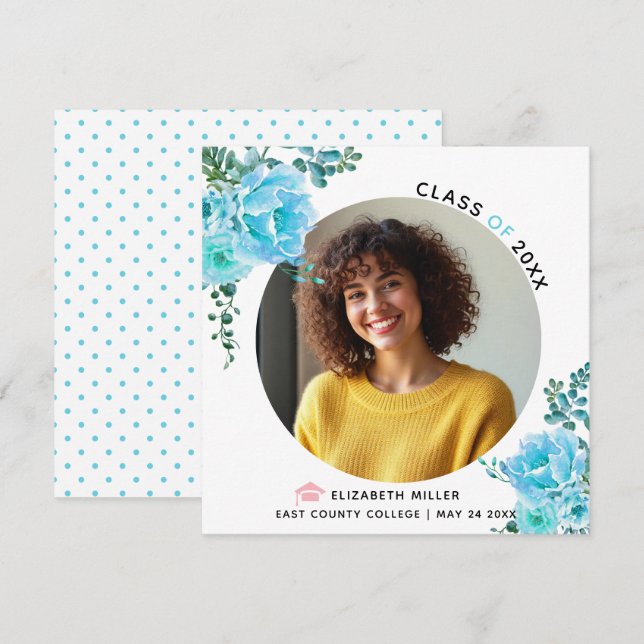 Aqua blue flowers Class of 2025bgraduation photo Announcement (Front/Back)
