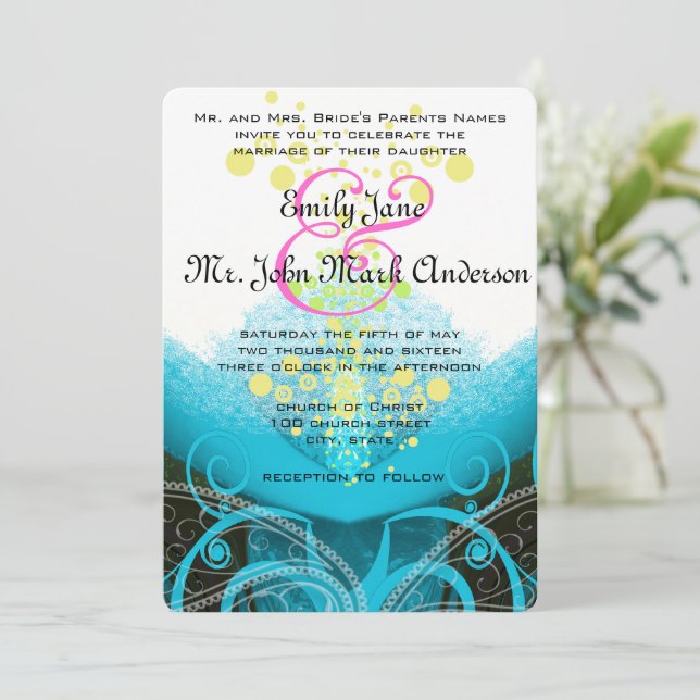 Aqua Blue Fuchsia Calla Lily Flower Wedding Invitation (Standing Front)