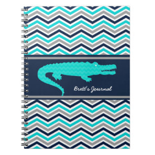 Aqua Blue Gator on Chevron Personalized Notebook