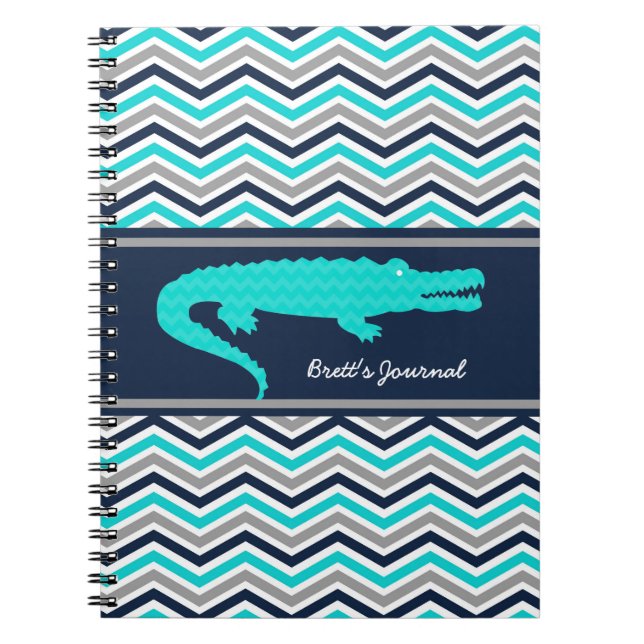 Aqua Blue Gator on Chevron Personalized Notebook (Front)