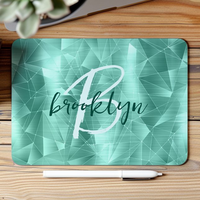 Aqua Blue Geometric Brushed Metal Script Monogram Mouse Pad (Creator Uploaded)