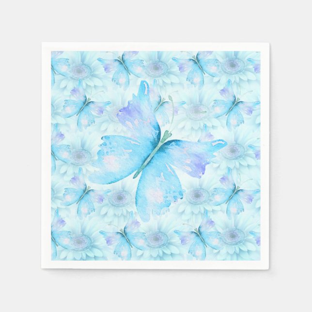 AQUA BLUE GERBER DAISIES AND BUTTERFLIES DECOUPAGE NAPKIN (Front)