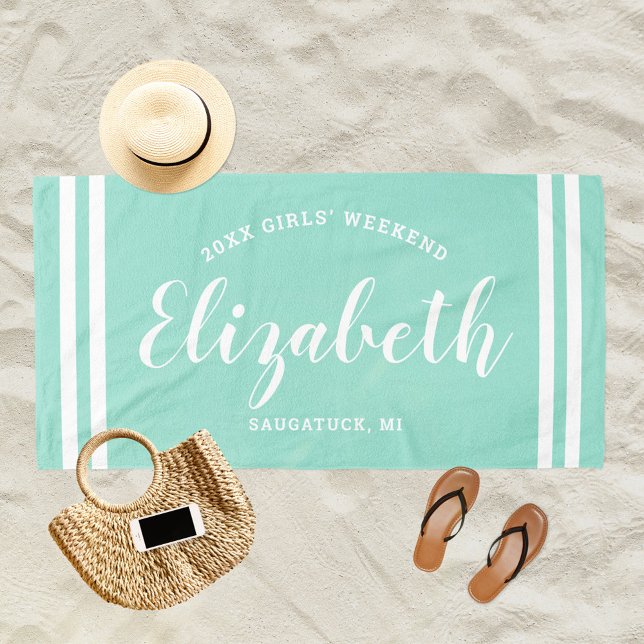 Aqua Blue Girls Weekend Monogram Name Beach Towel (Creator Uploaded)