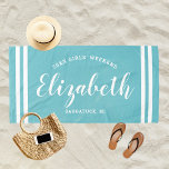 Aqua Blue Girls Weekend Personalized Name Beach Towel<br><div class="desc">Personalized beach towel design for a girls' weekend vacation getaway features a custom first name in modern script writing framed by coastal stripes,  with custom text for the occasion. The aqua blue background colour can be modified. Please visit our shop for other colour options.</div>