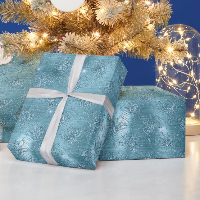Aqua Blue Glam Glitter Peacock Feathers Wrapping Paper (Holidays)