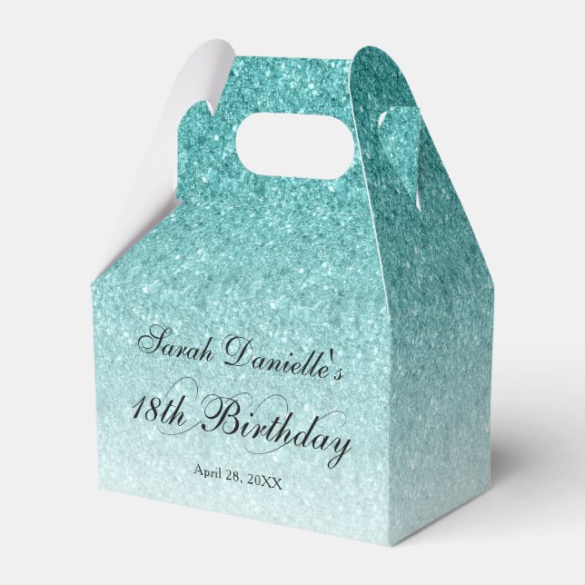 Aqua Blue Glam Glitter Personalized Favor Box (Front Side)
