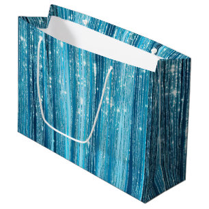 Aqua Blue Glam Tinsel Stripes Large Gift Bag