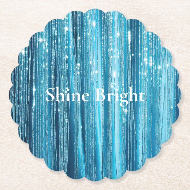 Aqua Blue Glam Tinsel Stripes Paper Coaster (Front)