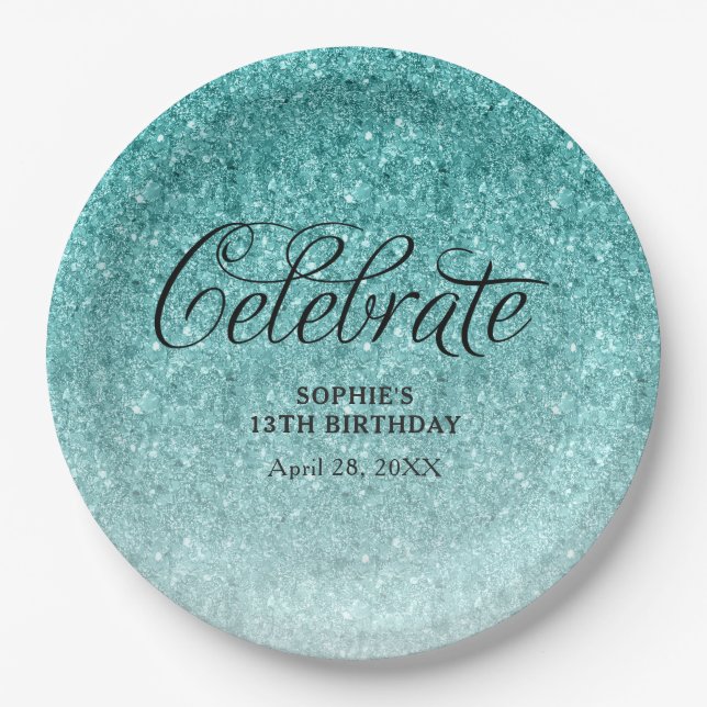 Aqua Blue Glitter Celebrate Personalized Paper Plate (Front)