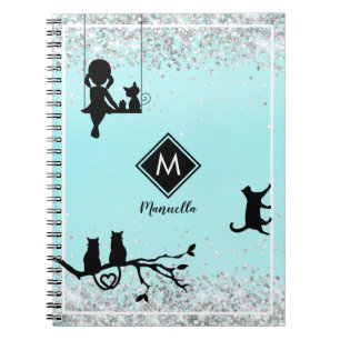Aqua Blue Glitter Girl and Cat Monogram Notebook