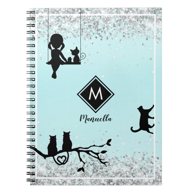 Aqua Blue Glitter Girl and Cat Monogram Notebook (Front)