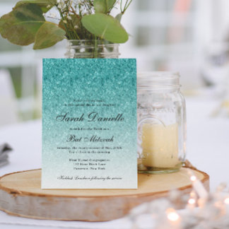 Aqua Blue Glitter Glam Bat Mitzvah Invitation