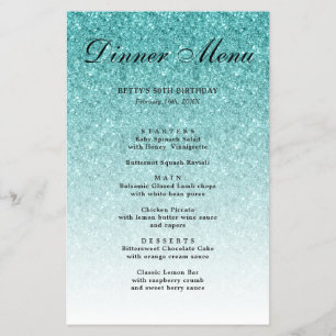 Aqua Blue Glitter Glam Party Menu