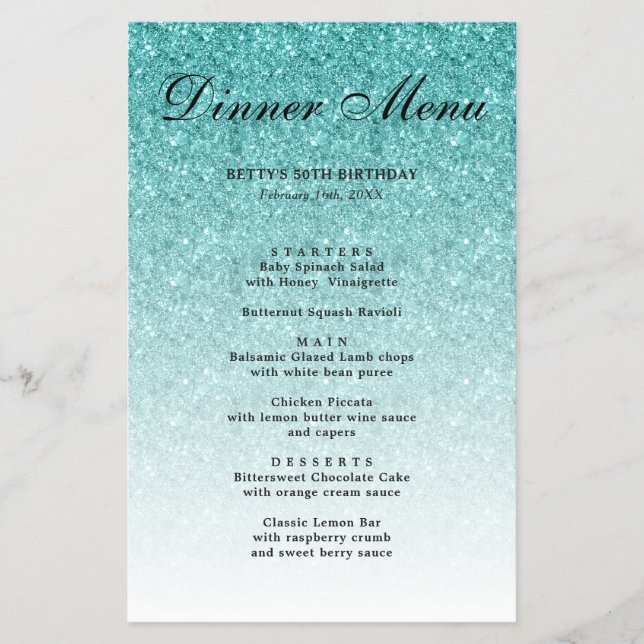 Aqua Blue Glitter Glam Party Menu (Front)