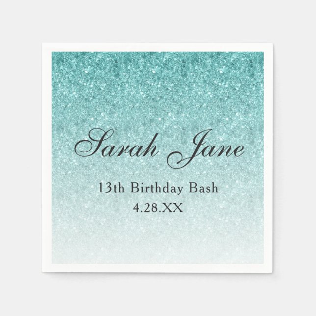 Aqua Blue Glitter Glam Personalized Napkin (Front)