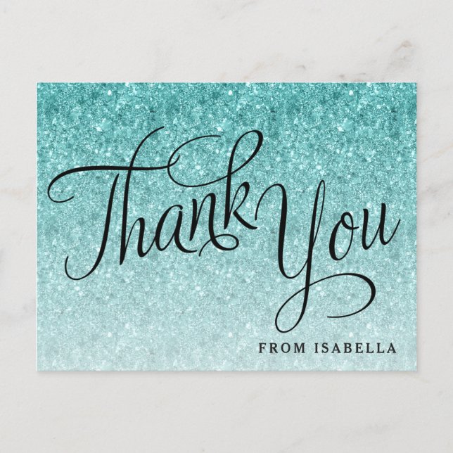 Aqua Blue Glitter Personalized Thank you Postcard (Front)