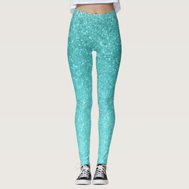 Aqua Blue Glitter Sparkle Girly Glam Mermaid Leggings (Front)