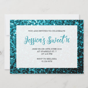 Aqua blue glitter sparkles Sweet 16 elegant script Invitation