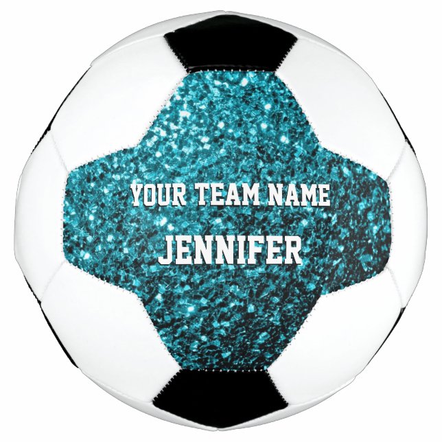 Aqua blue glitter sparkles Your name Team Soccer Ball (Front)