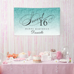 Aqua Blue Glitter Sweet 16 Personalized Birthday  Banner