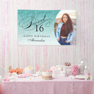 Aqua Blue Glitter Sweet 16 Personalized Photo Banner