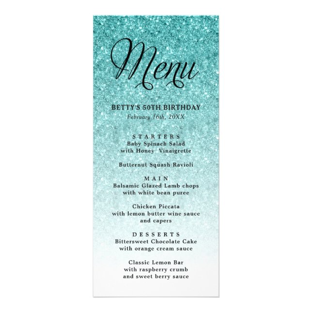 Aqua Blue Glitter Tall Menu Card (Front)
