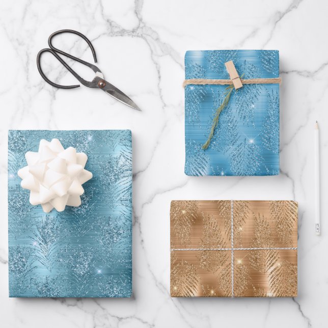 Aqua Blue Glitzy Glitter Peacock Feathers Wrapping Paper Sheet (Front)
