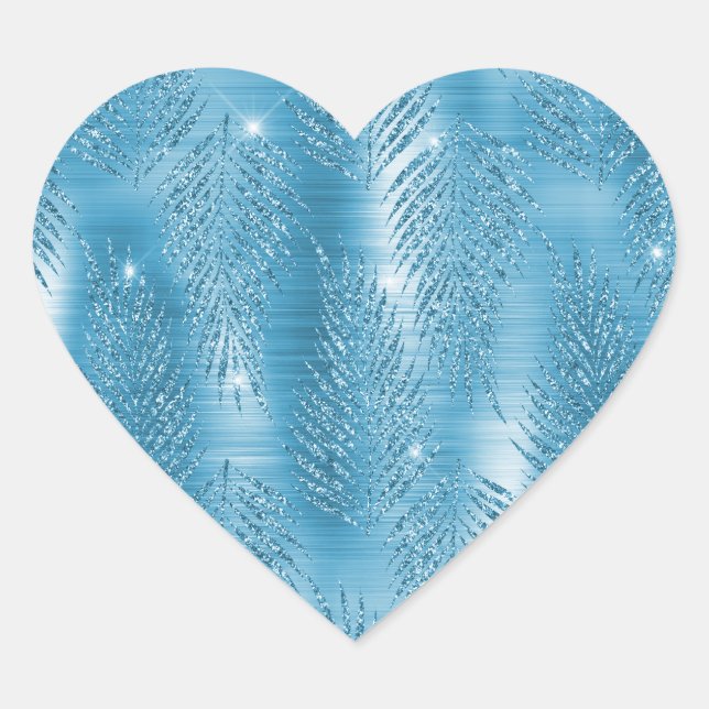 Aqua Blue Glitzy Glitter Tropical Leaves Heart Sticker (Front)