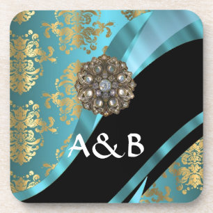 Aqua blue & gold damask faux crystal coaster
