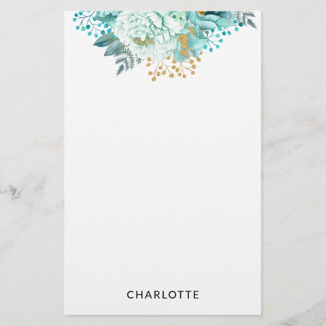  Aqua Blue Gold Floral Personalized Stationery (Front)