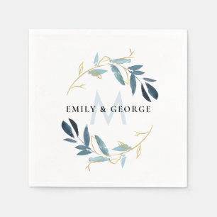 AQUA BLUE GOLD FOLIAGE WREATH MONOGRAM WEDDING NAPKIN