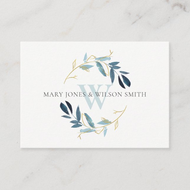AQUA BLUE GOLD FOLIAGE WREATH WEDDING WEBSITE ENCLOSURE CARD (Front)