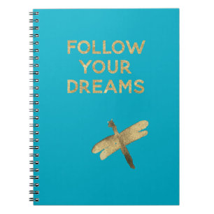 Aqua Blue Gold Follow Your Dreams Dragonfly Notebook