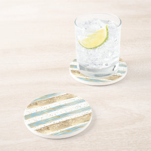 Aqua Blue Gold Glitter Confetti Zebra Animal  Coaster