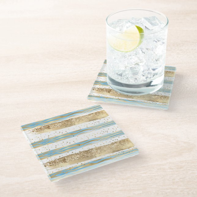Aqua Blue Gold Glitter Confetti Zebra Animal  Glass Coaster (Angled)