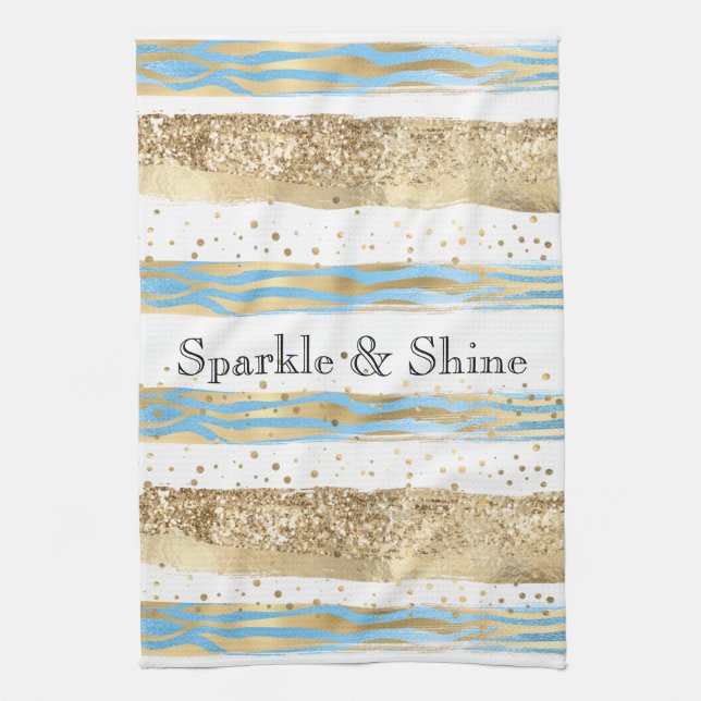 Aqua Blue Gold Glitter Confetti Zebra Animal  Kitchen Towel (Vertical)
