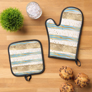 Aqua Blue Gold Glitter Confetti Zebra Animal  Oven Mitt & Pot Holder Set