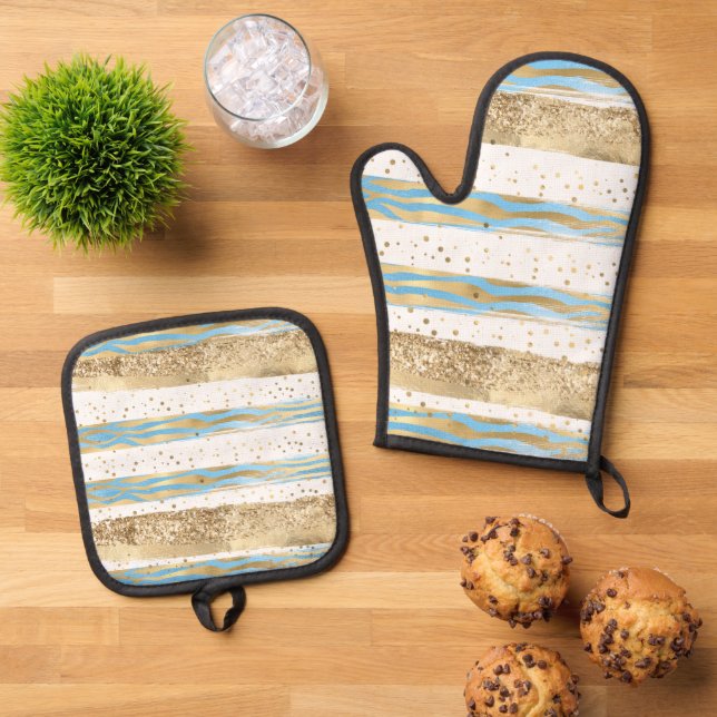 Aqua Blue Gold Glitter Confetti Zebra Animal  Oven Mitt & Pot Holder Set (Top Down)