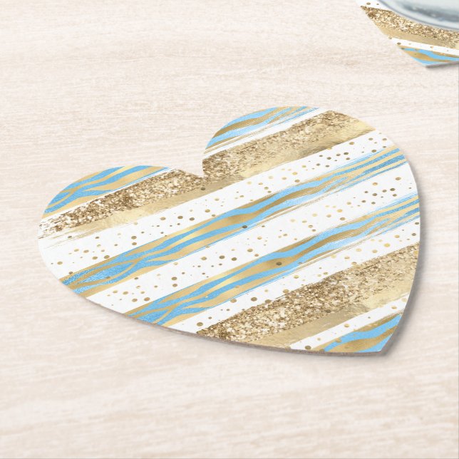 Aqua Blue Gold Glitter Confetti Zebra Animal  Paper Coaster (Angled)