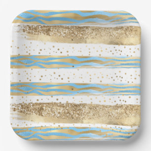 Aqua Blue Gold Glitter Confetti Zebra Animal  Paper Plate
