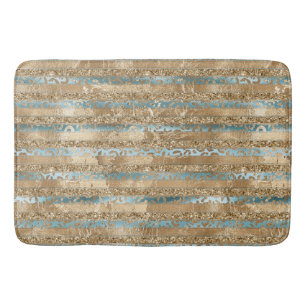 Aqua Blue Gold Glitter Leopard Print Stripes Bath Mat
